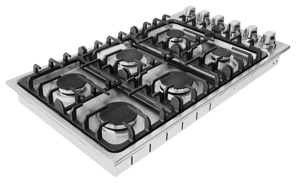 36" Luxury Gas Cooktop in Stainless Steel With 6 Italian Burners Easy Clean