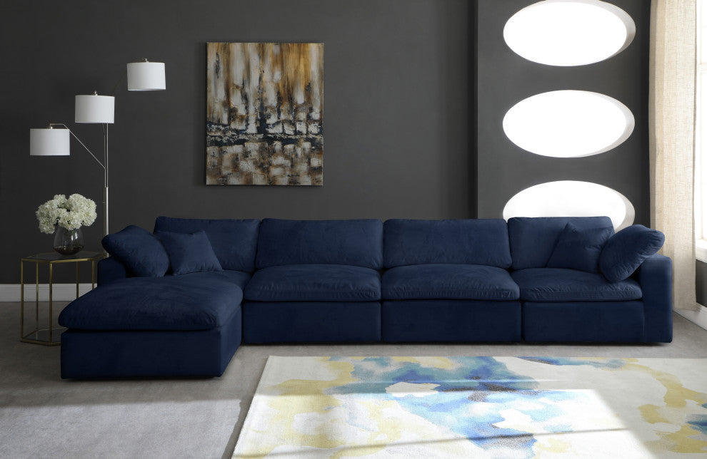 Cozy Velvet Upholstered Comfort L-Shaped Modular Sectional, Navy, 5-Piece: 2 Armless Chair, 2 Corner Chair, 1 Ottoman