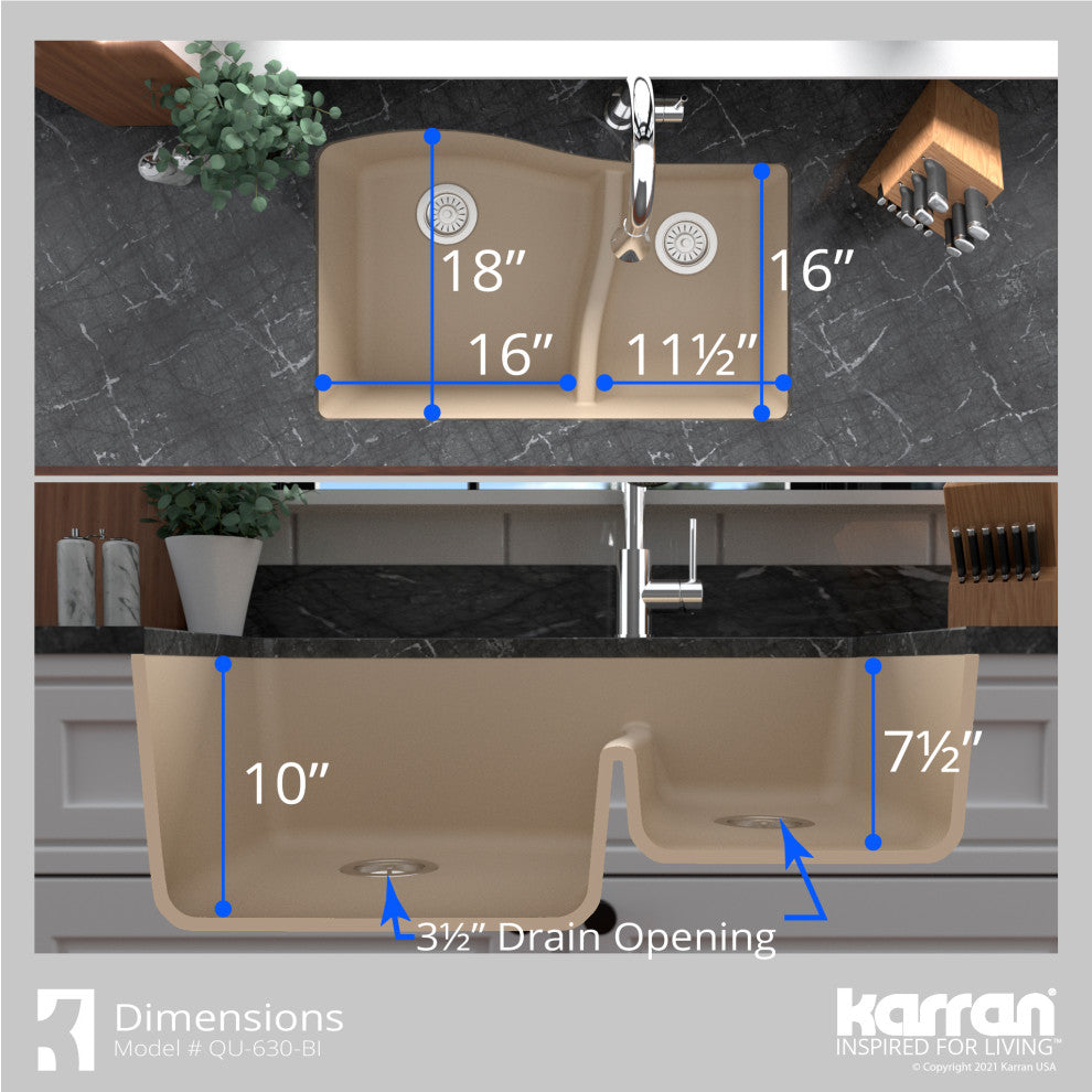 Karran Undermount Quartz 32" 60/40 Double Bowl Kitchen Sink, Bisque