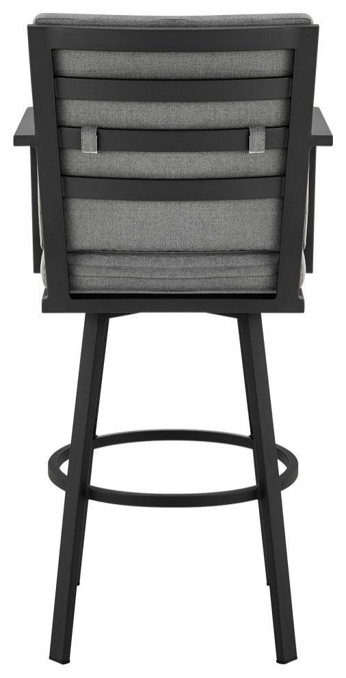 Don 30" Outdoor Patio Bar Stool, Black Aluminum With Gray Cushions, Black