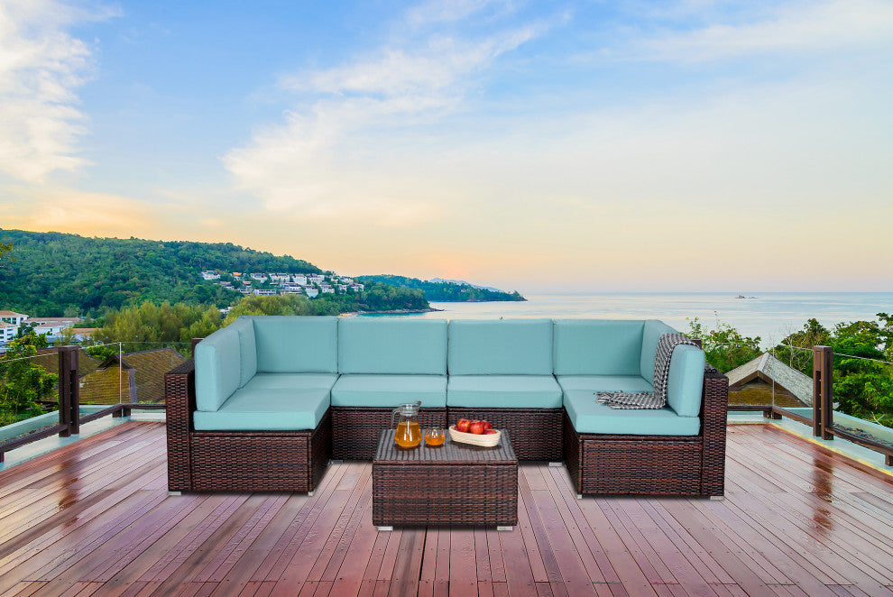 7-Piece Outdoor Wicker U-Shaped Patio Sofa Set with Table and Cushions, Teal Blue+brown