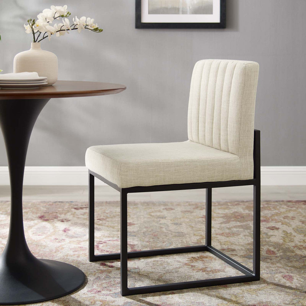 Tufted Side Dining Chair, Fabric, Metal, Black Beige, Modern, Bistro Restaurant