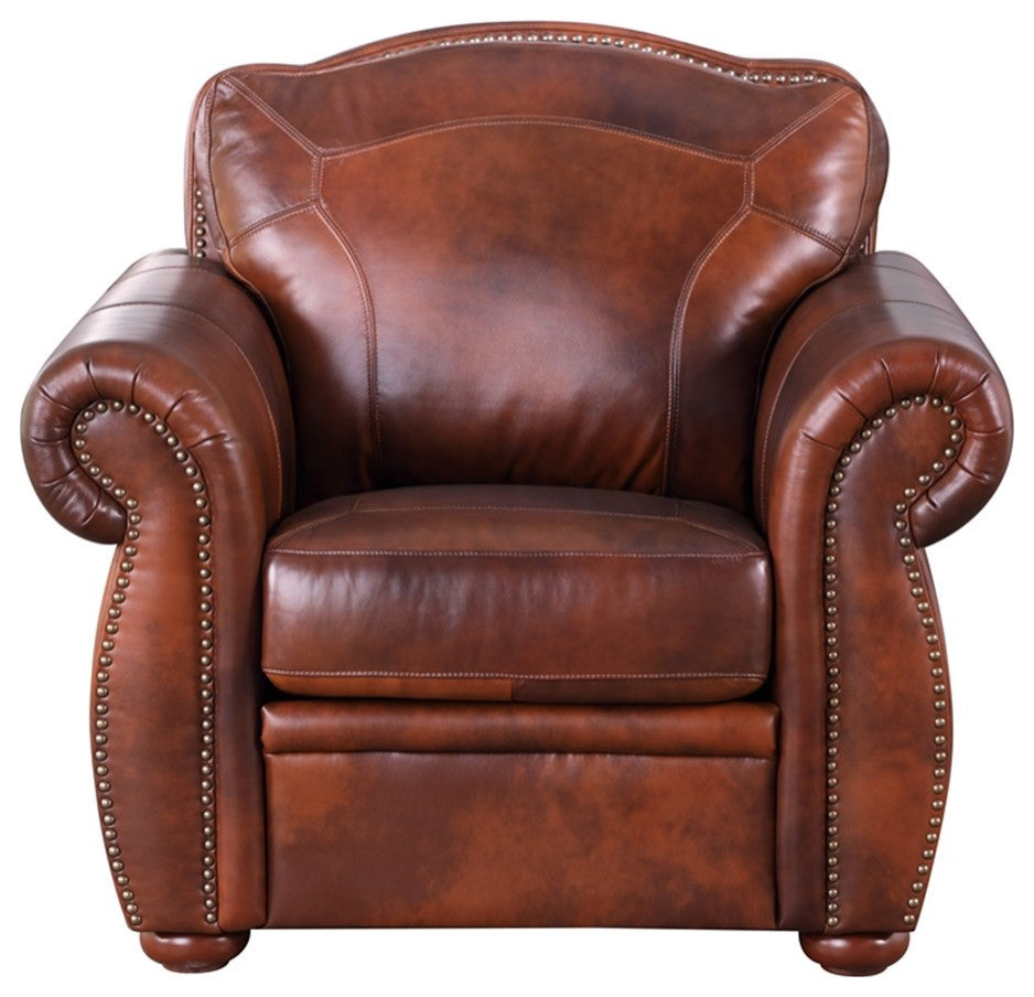 Bowery Hill Traditional Geuine Leather Accent Chair in Marco Brown