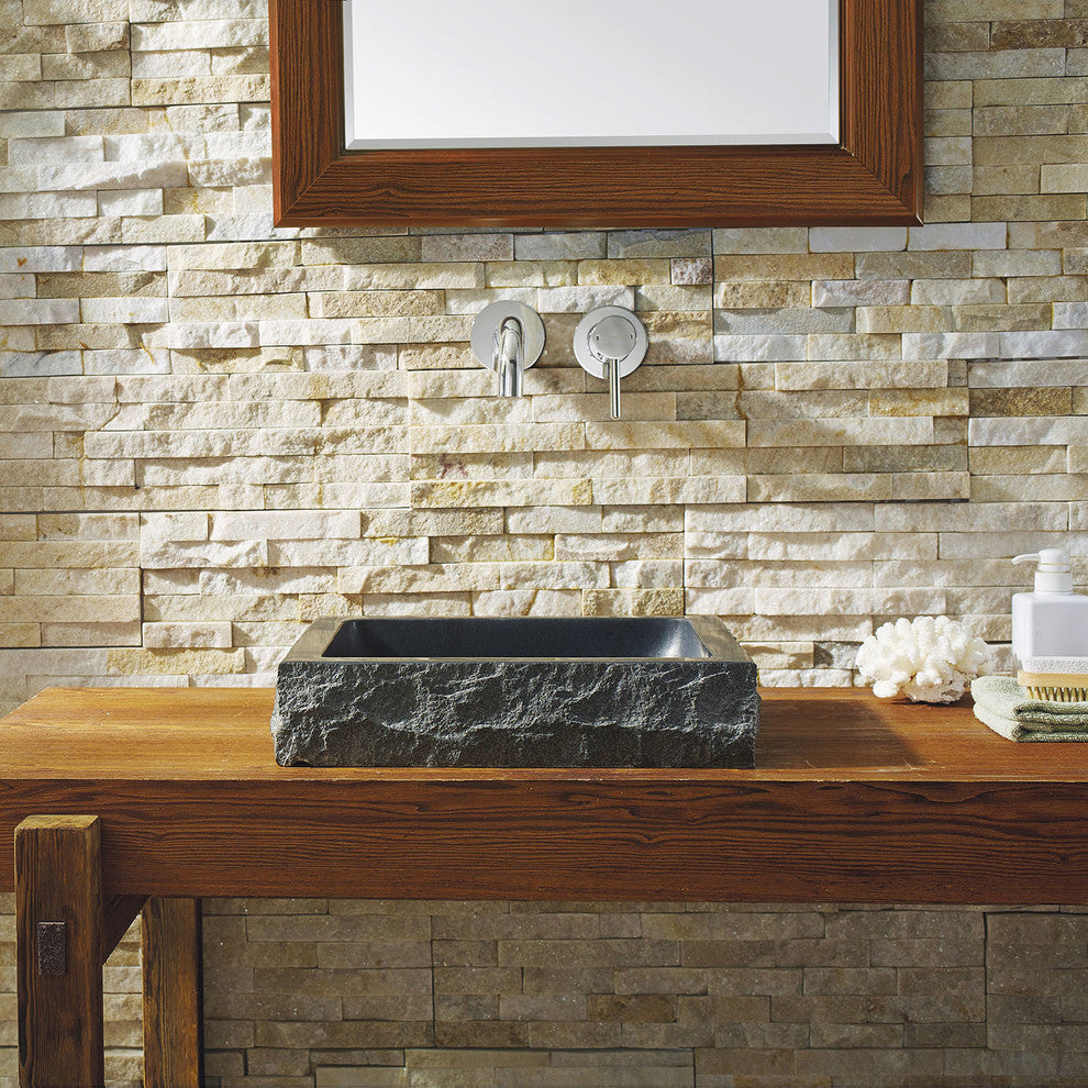 Virtu Neril Natural Stone Bathroom Vessel Sink, Shanxi Black Granite