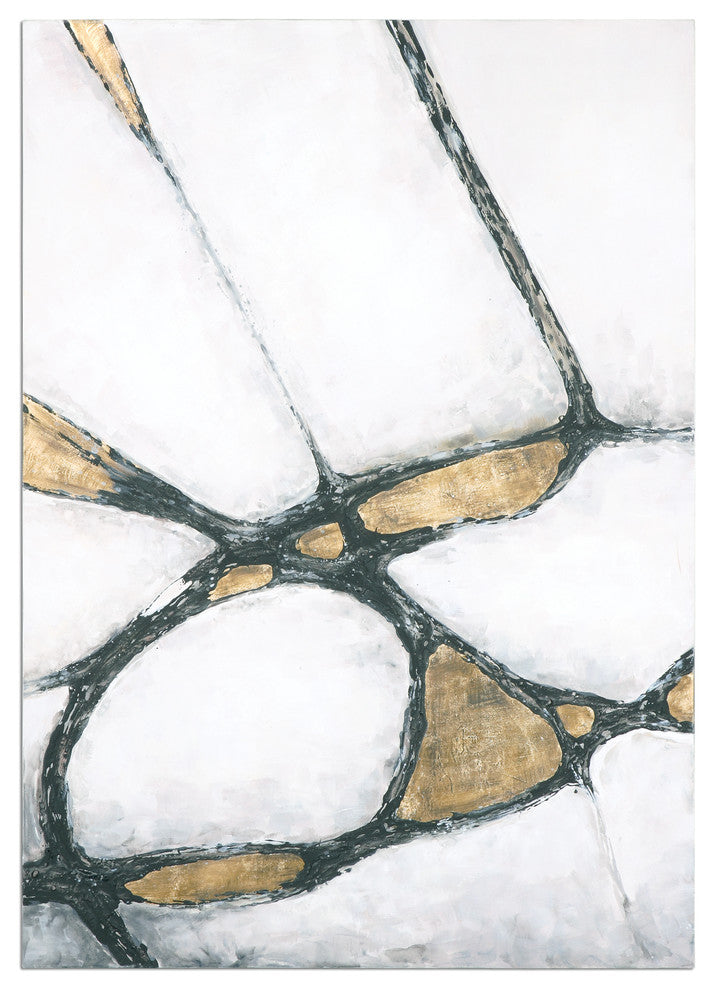 Stunning Oversize White Gold Black Abstract Painting, Wall Art Modern Metallic