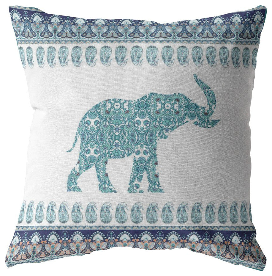 20" Teal Ornate Elephant Suede Throw Pillow