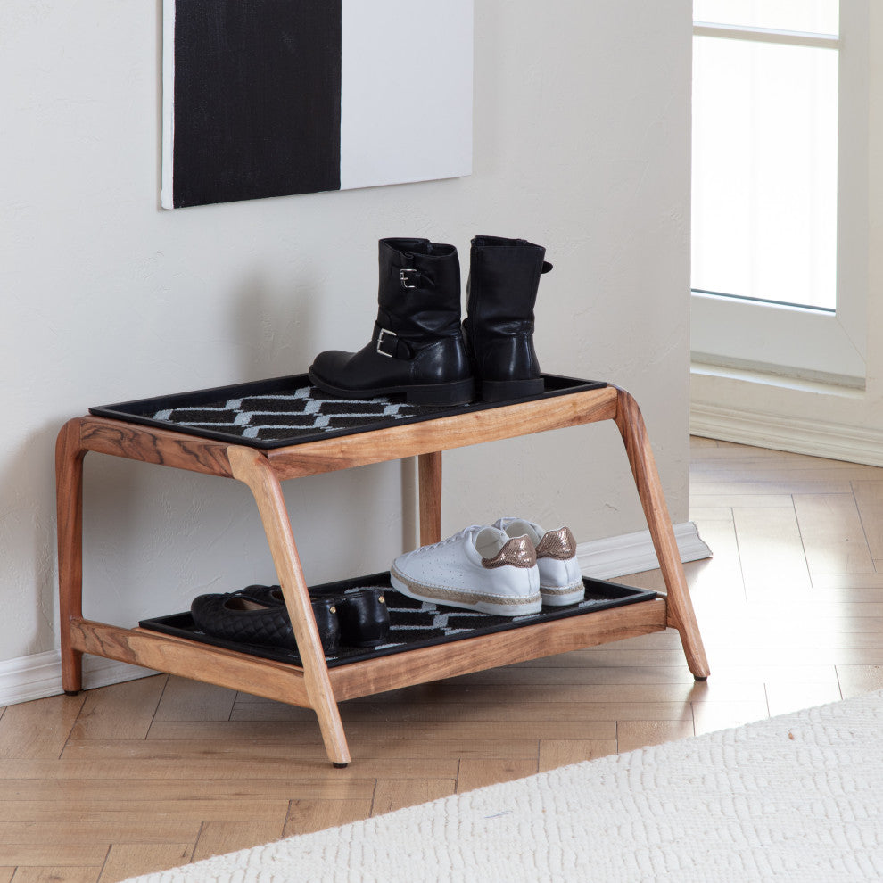 Double-Tier Natural Stand With 2-Pair Rubber Boot Trays San Tropez