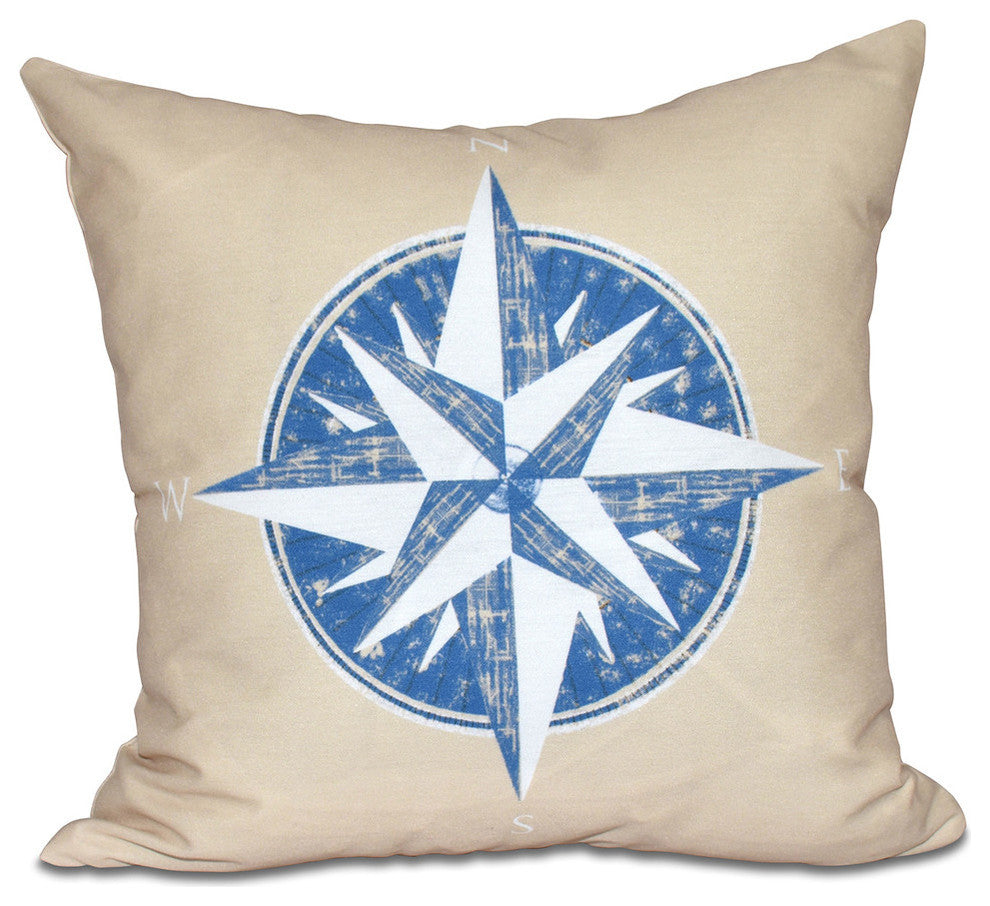 Compass, Geometric Print Outdoor Pillow, Taupe And Beige, 18"x18"