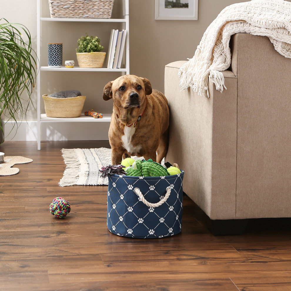 Polyester Pet Bin Trellis Paw Navy Round Small 9x12x12