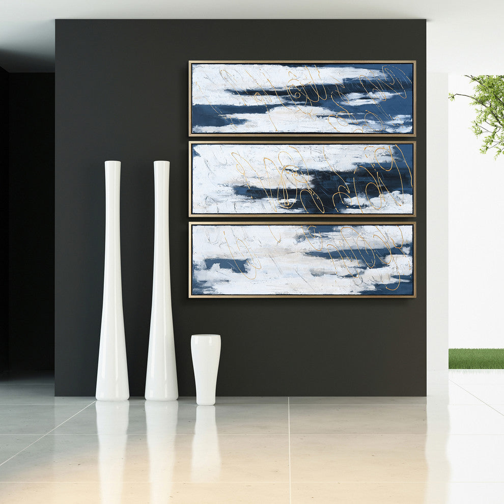 Blue Abstract Triptych Set Textured Metallic Hand Painted Wall Art