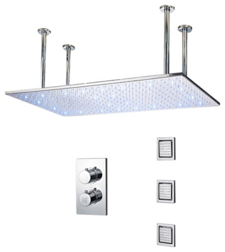 Jesi LED 20*40" Digital Rainfall Shower System and 3 Jetted Body Sprays, Chrome