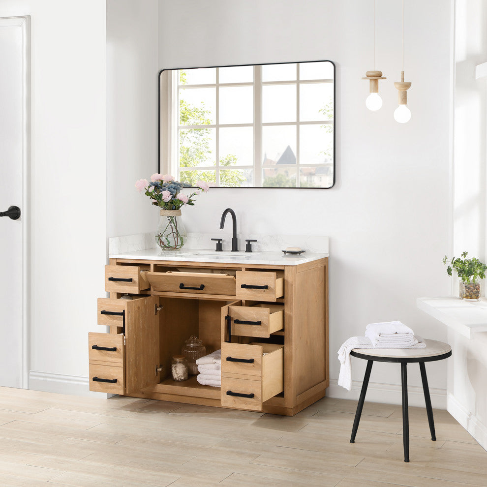 Gavino Vanity With Grain White Composite Stone Top, Light Brown/Matte Black, 48", With Mirror