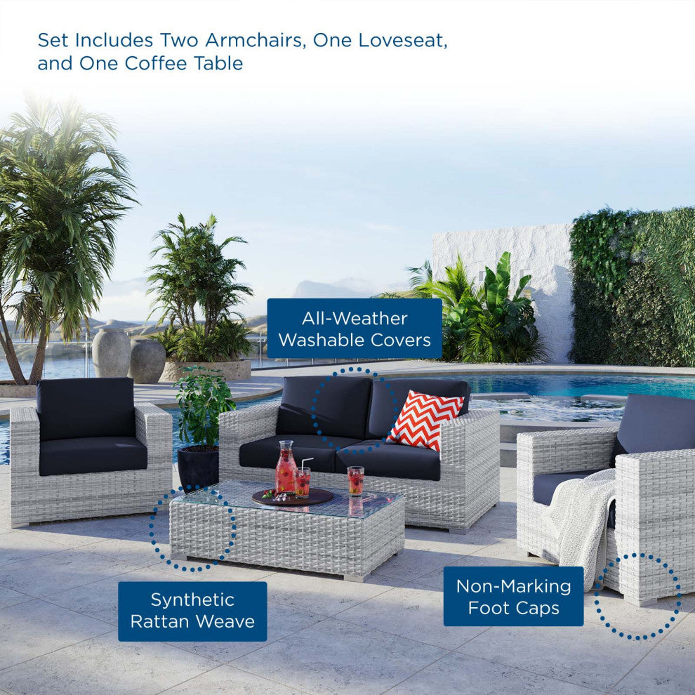 Lounge Sectional Sofa Chair Set, Rattan, Wicker, Gray Blue Navy, Outdoor