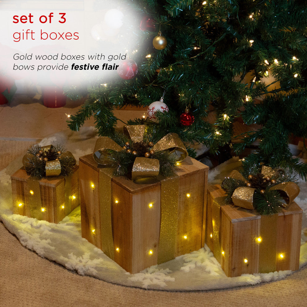 3-Piece Wooden Gift Box Christmas Decor with LED Lights, Gold