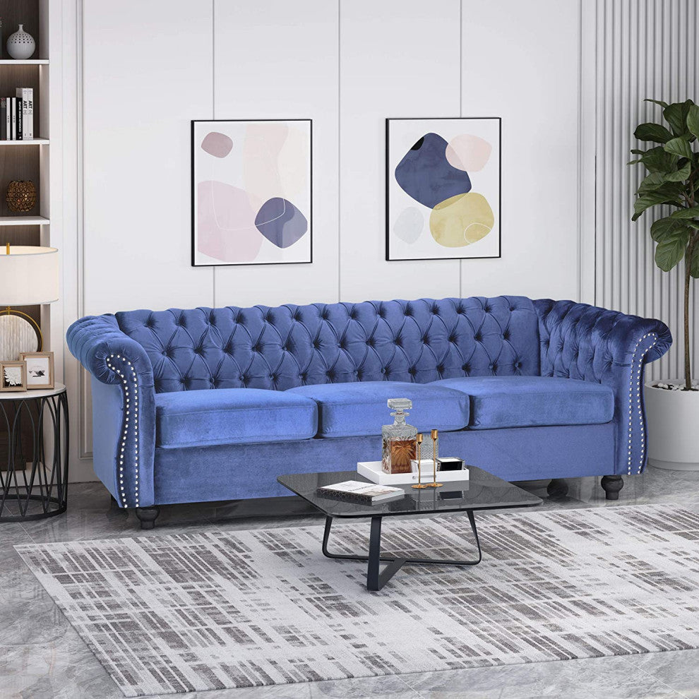 Chesterfield Sofa With Rolled Arms and Diamond Button Tufted Backrest,