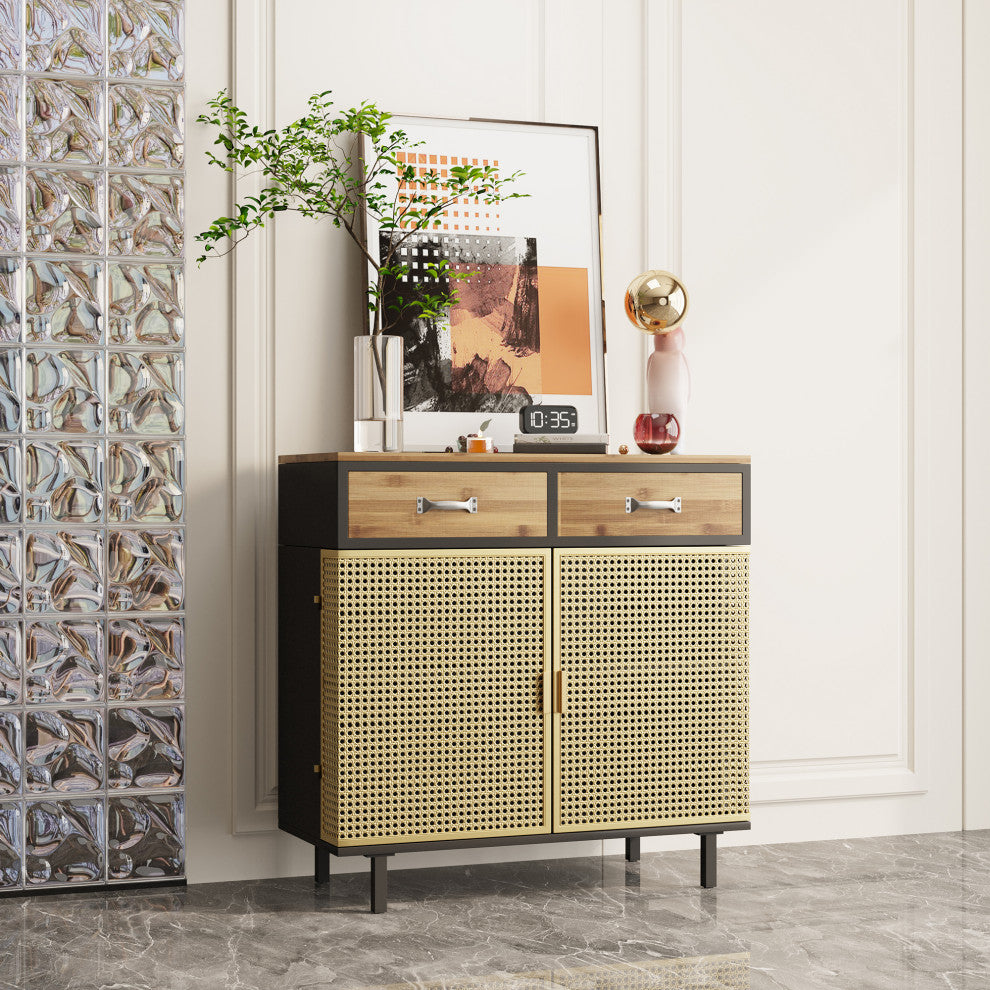 32" Tall Metal 2-door Accent Cabinet with 2-drawer, Gold