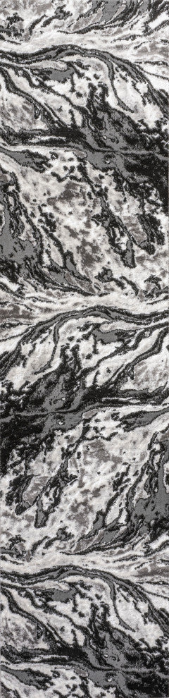Swirl Marbled Abstract Area Rug, Black/Ivory, 2 X 8