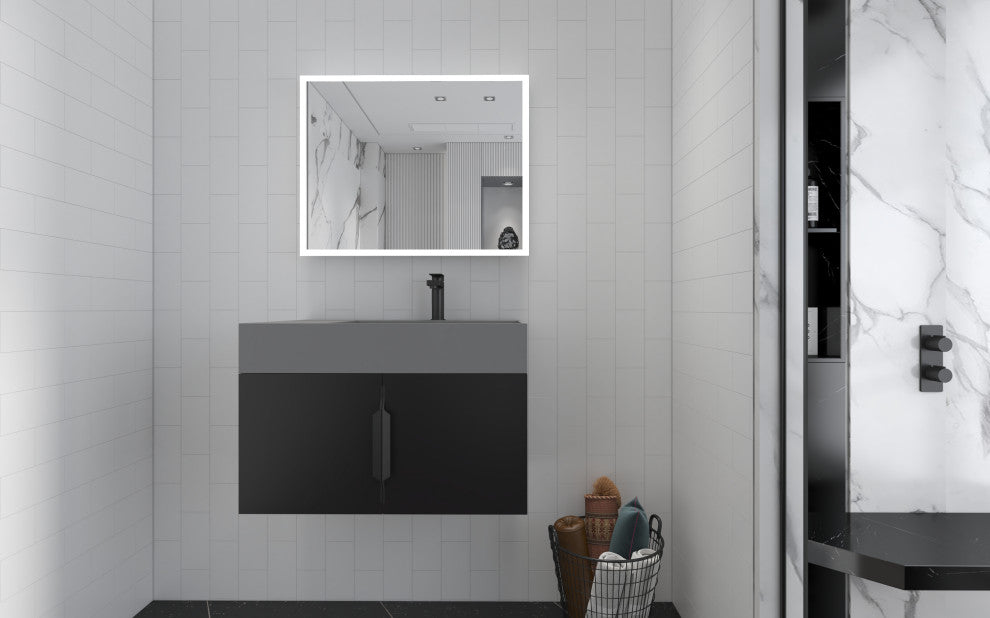CastelloUSA Amazon 30" Right Wall Mounted Bathroom Vanity Set, Black, Gray Top, Black Handles
