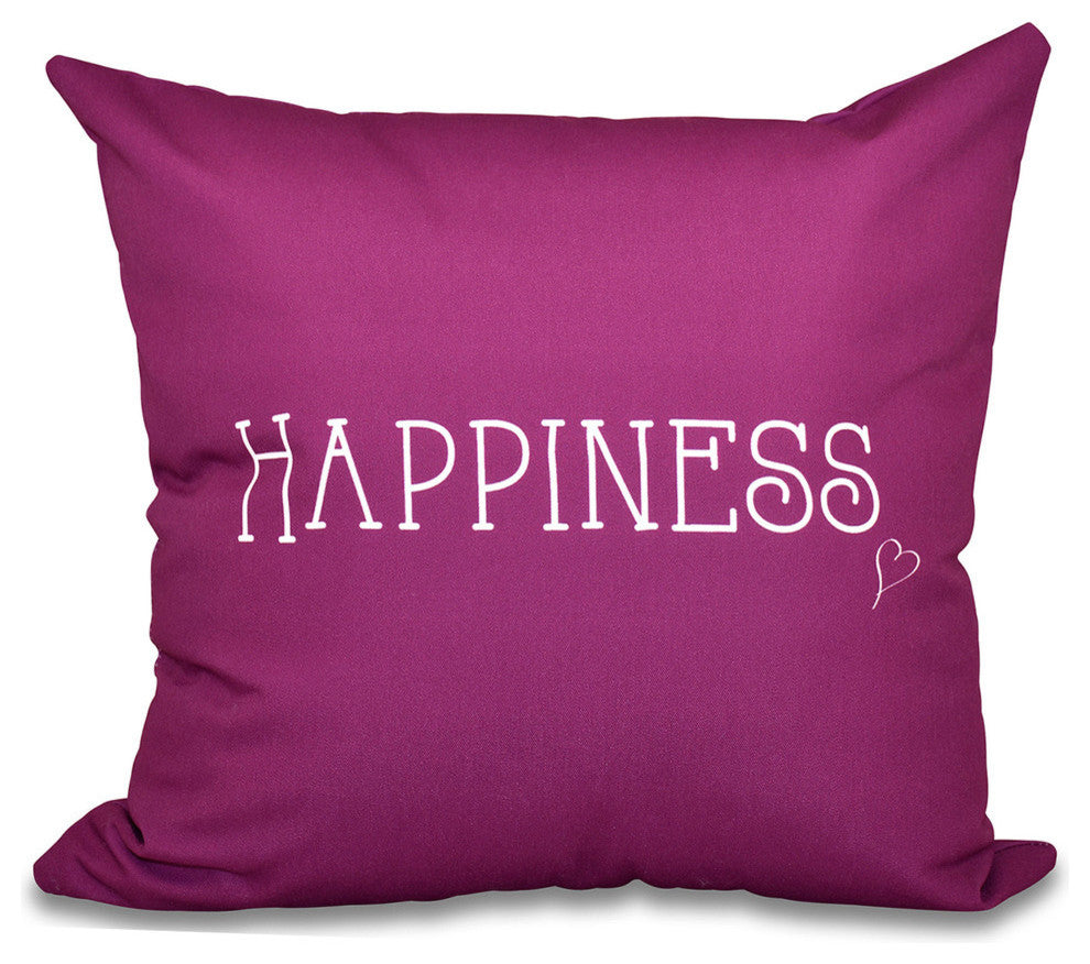 26"x26" Happiness, Word Print Pillow, Purple