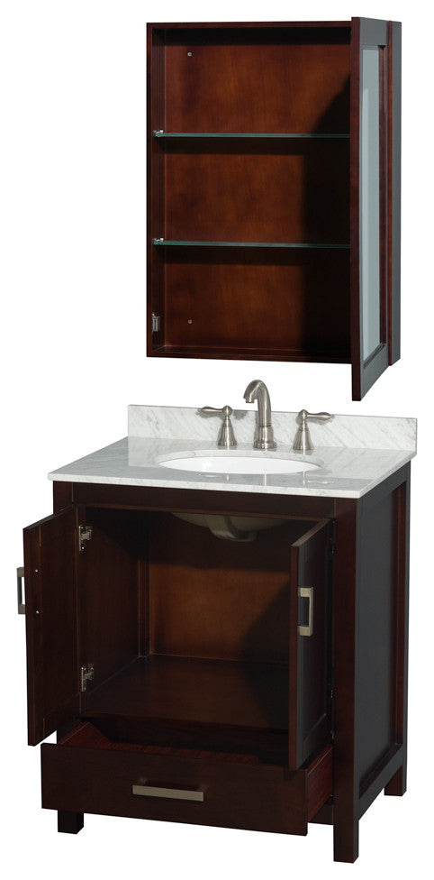 Wyndham WCS141430SESCMUNOMED Vanity with White Carrera Marble Top and Round Sin