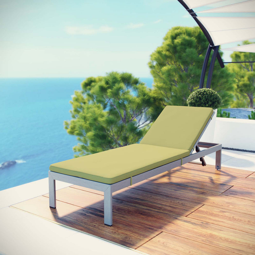 Lounge Chair Chaise, Aluminum, Metal, Silver Green, Modern, Outdoor Patio Cafe