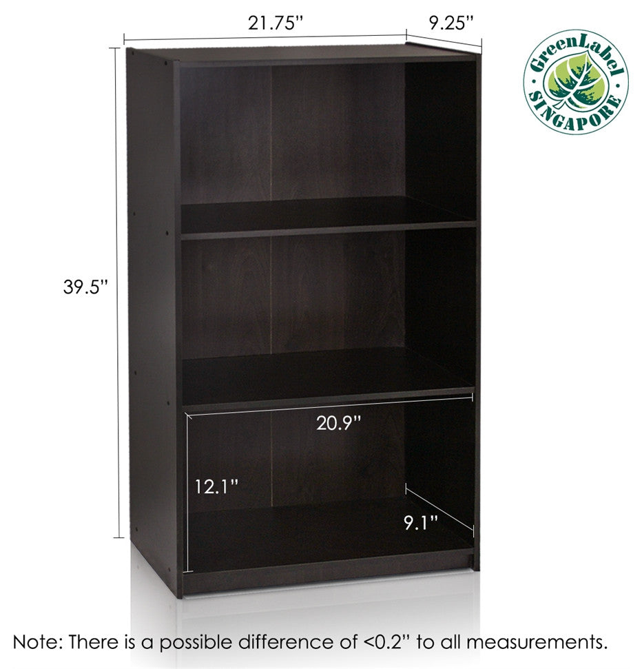 Basic 3-Tier Bookcase Storage Shelves, Espresso