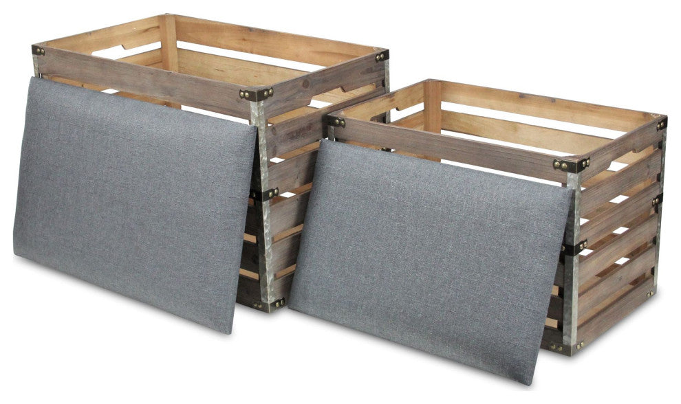 2-Piece Rectangular Wood Slat Storage Bench With Metal Accent and Lid