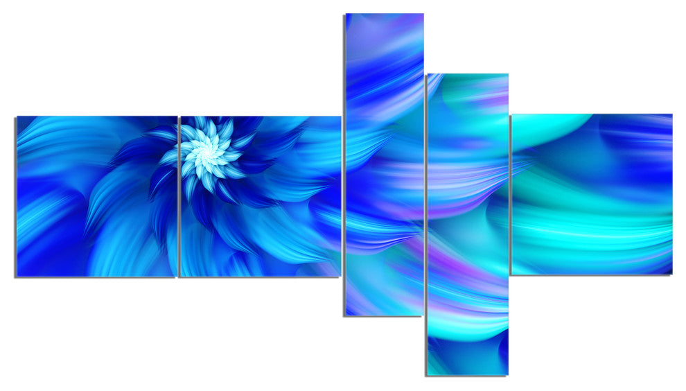 Massive Blue Fractal Flower, Floral Canvas Art Print, 60"x32", 5 panels