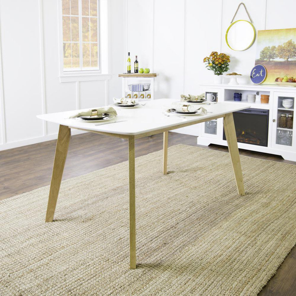 Midcentury Dining Table, Angled Natural Legs With Rectangular White Finished Top