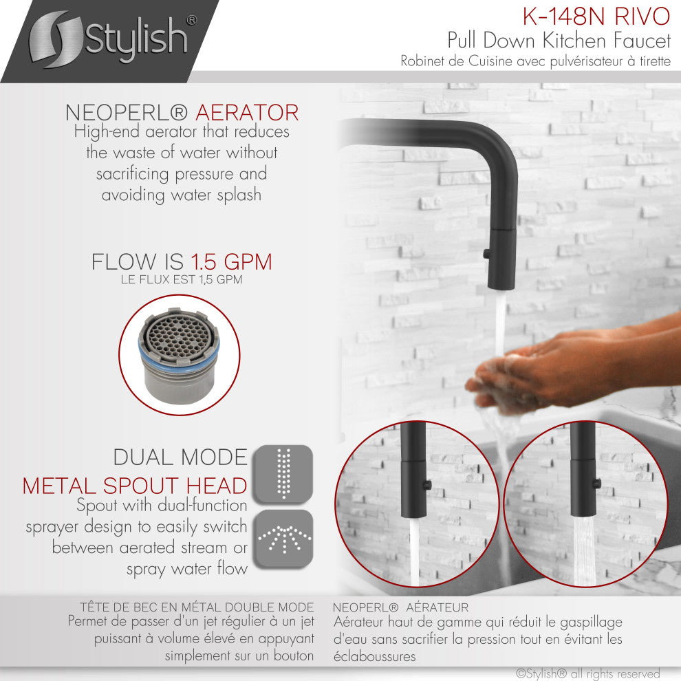 STYLISH Single Handle Pull-Down Dual Mode Kitchen Faucet Stainless Steel/Black