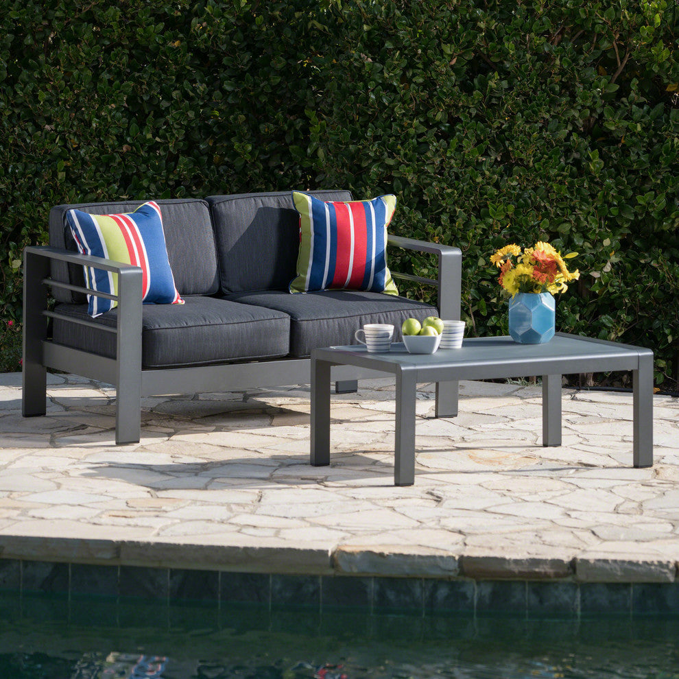 GDF Studio Cybele Doris Outdoor Aluminum Loveseat and Coffee Table Set, Gray/Dark Gray