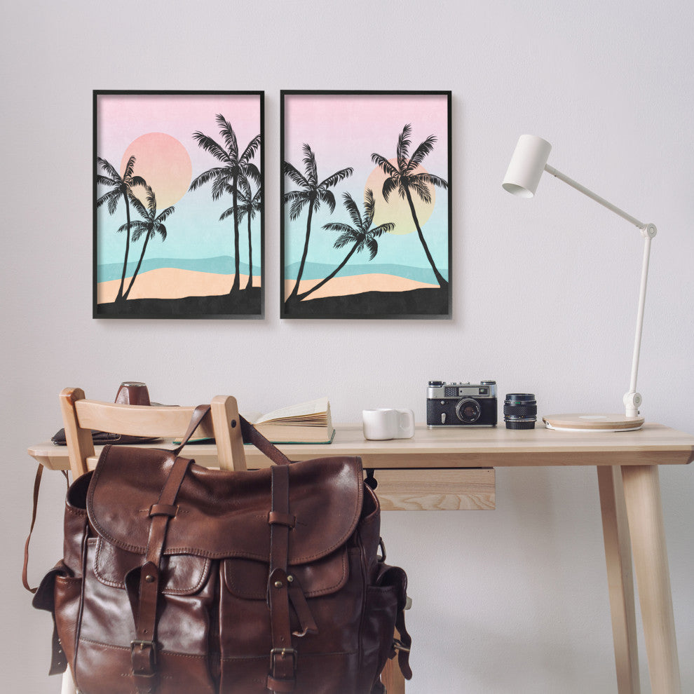 Tropical Sunset Sunrise Palm Tree Beach Illustration, 2pc, each 16 x 20