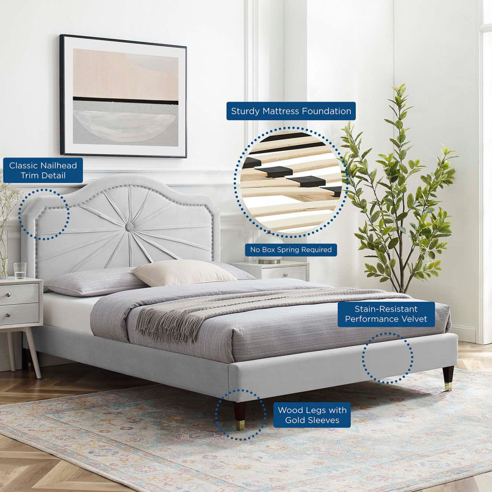 Platform Bed Frame, Full Size, Velvet, Light Gray, Modern Contemporary