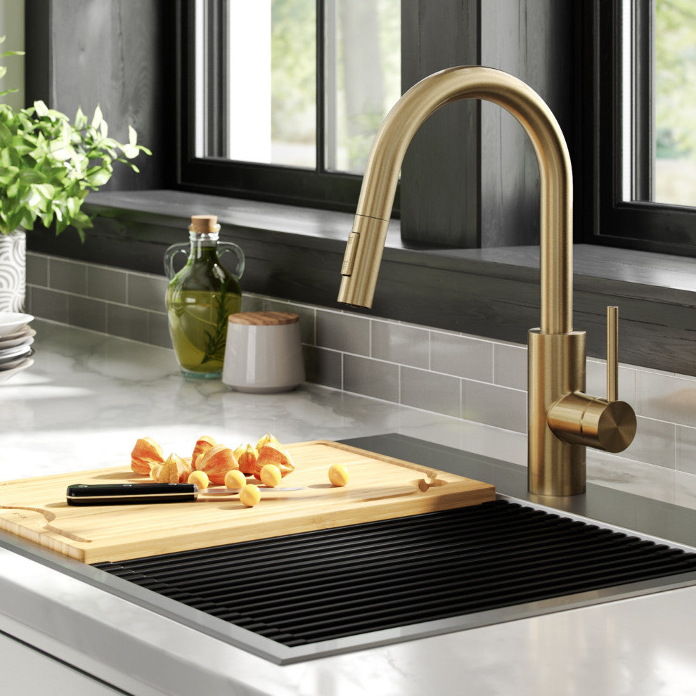 Oletto Pull-Down 1-Hole Kitchen Faucet, Spot Free Antique Champagne Bronze