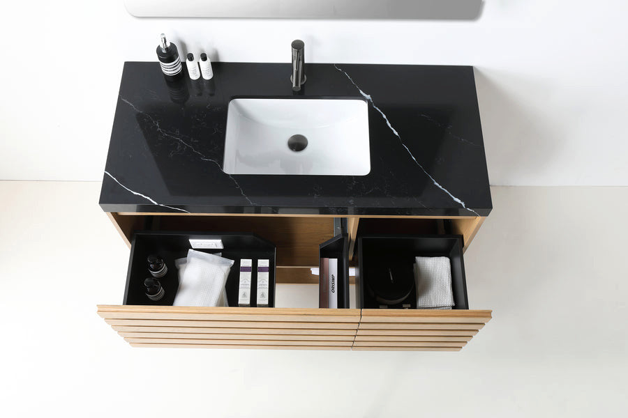 Matera Wall Mount Modern Bathroom Vanity, Pecan Oak, 48", Black Countertop