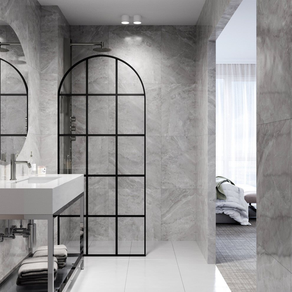 VIGO Arden 34" W x 78" H Framed Fixed Shower Screen, Matte Black Grid, Clear Glass
