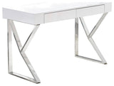 Philon Modern White Lacquer 47" Computer Desk, Silver