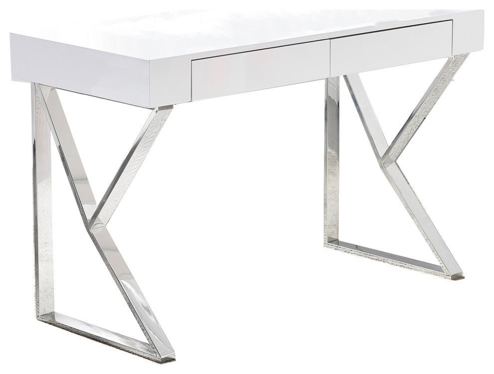 Philon Modern White Lacquer 47" Computer Desk, Silver