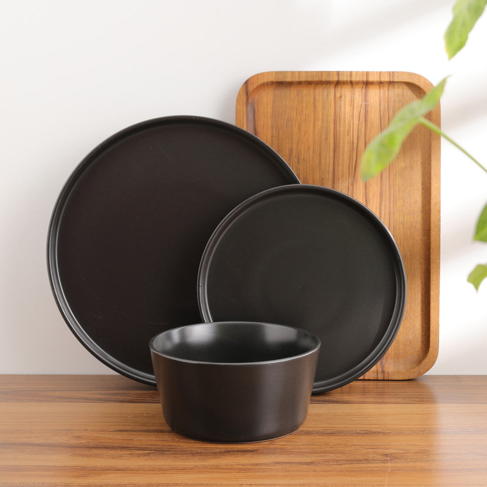 Stone Lain Celina Stoneware 24 Piece Dinnerware Set, Black Matte
