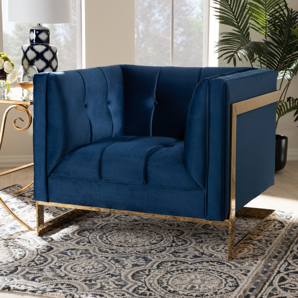 Rolland Royal Blue Velvet Button Tufted Armchair With Gold-Tone Frame