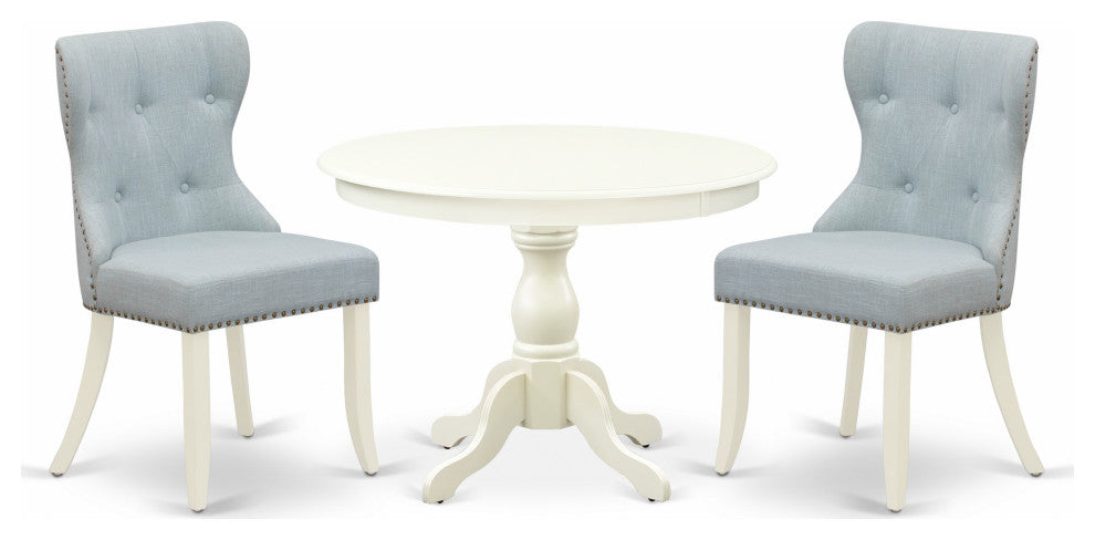 3 Pc Set, Linen White Small Kitchen Table, 2 Baby Blue Chairs Button Tufted
