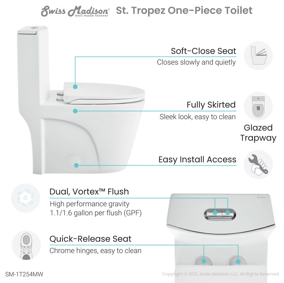 St. Tropez Elongated Toilet, Dual Vortex Flush, Matte White