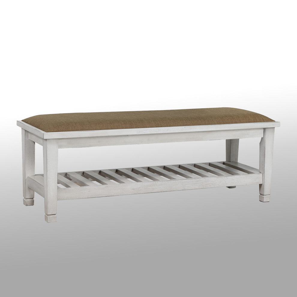 Upholstered Bench With Slatted Bottom Shelf Design, Antique White