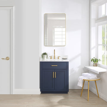 Gavino Vanity With Grain White Composite Stone Top, Royal Blue/Brushed Gold, 30", No Mirror