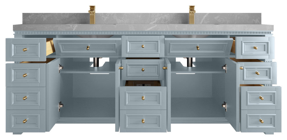 Paris 84" Double Sink Bathroom Vanity, Blue Heather 2" Pearl Gray