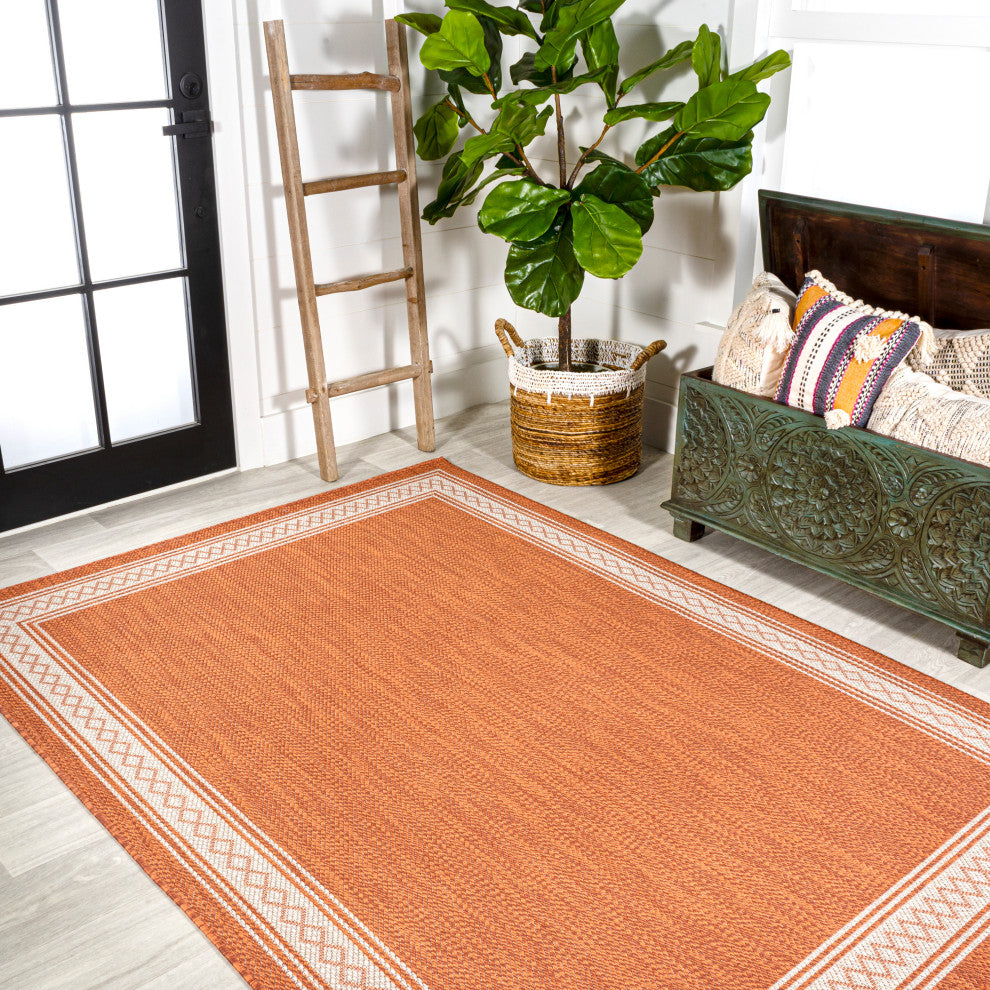 Lucia Classic Diamond Border Indoor/Outdoor Area Rug, Orange/Cream, 8x10