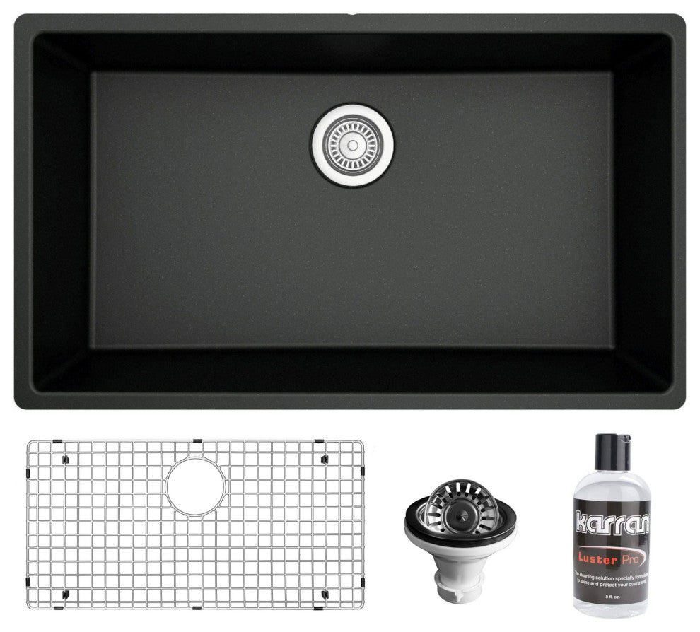 Karran QU-812 Undermount 32.5" Large Single Bowl Quartz Sink Kit, Black