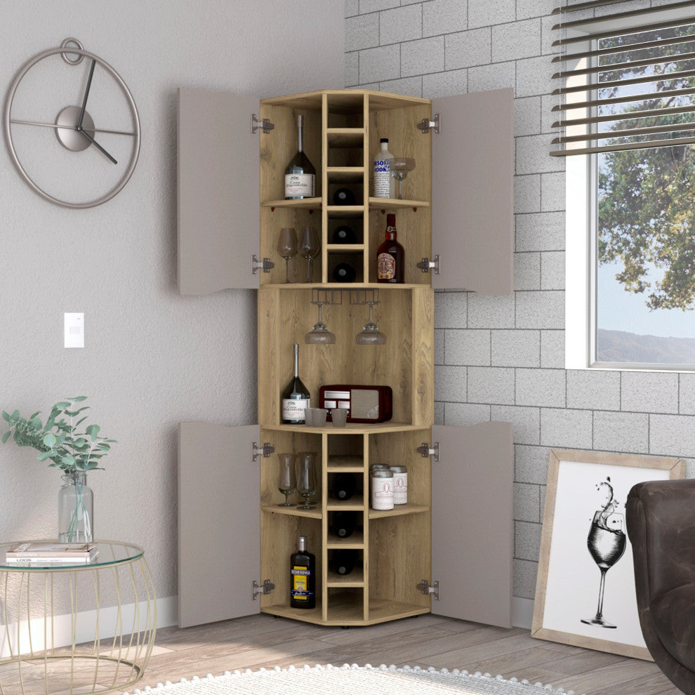 DEPOT E-SHOP Mecca Corner Bar Cabinet, 4 Doors, 8 Shelves, Macadamia/Taupe