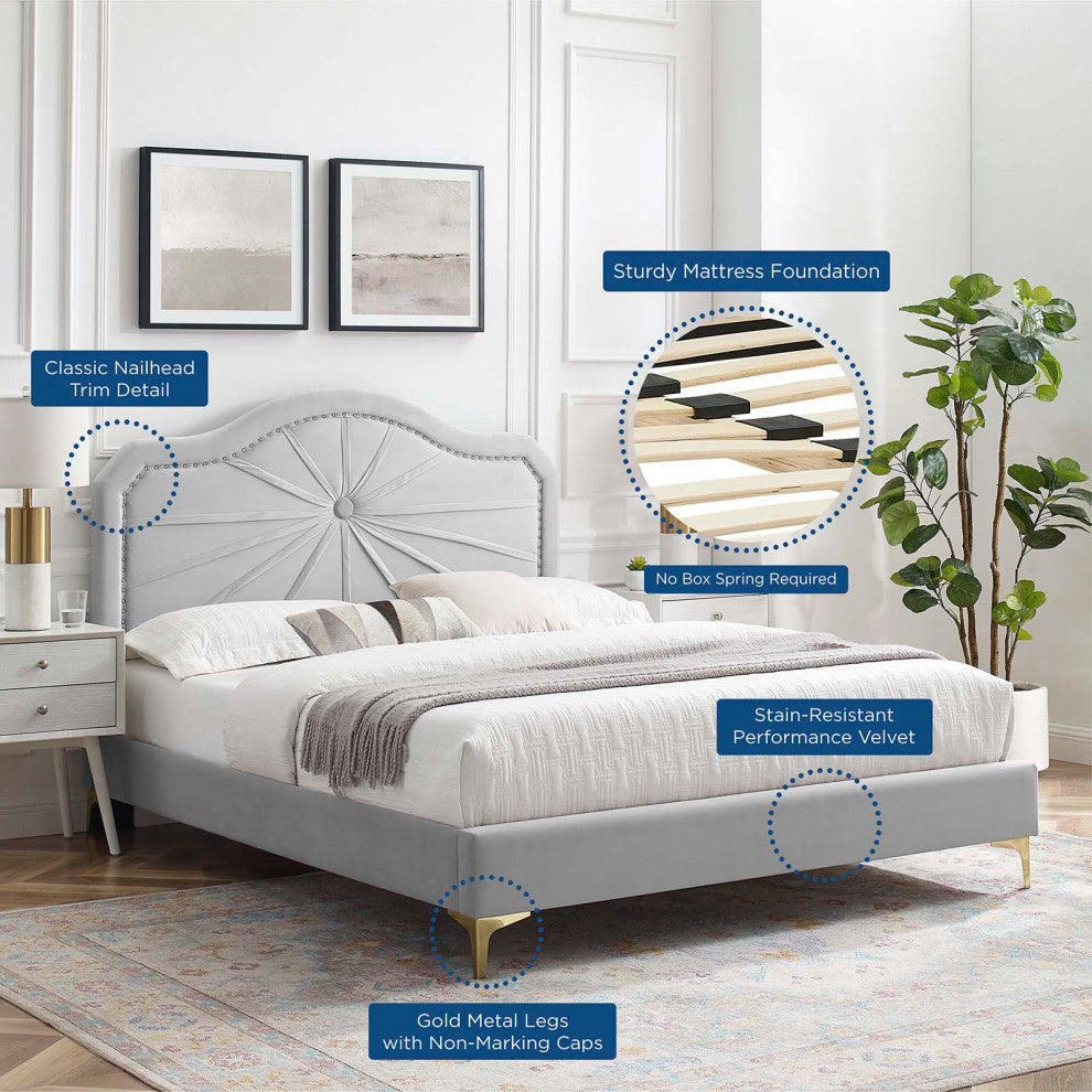 Platform Bed Frame, King Size, Velvet, Light Gray, Modern Contemporary