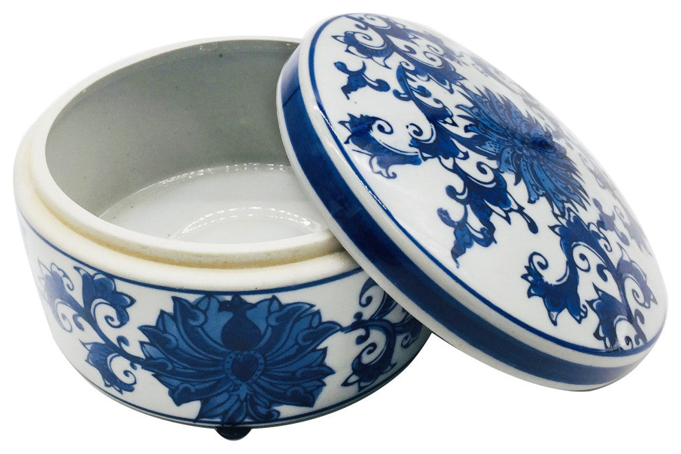 Blue & White Chinoiserie Round Ceramic Box - Lotus